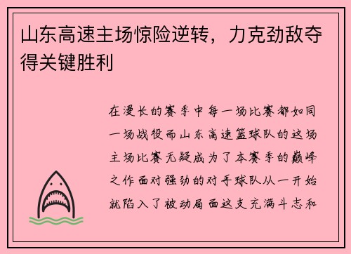 山东高速主场惊险逆转，力克劲敌夺得关键胜利
